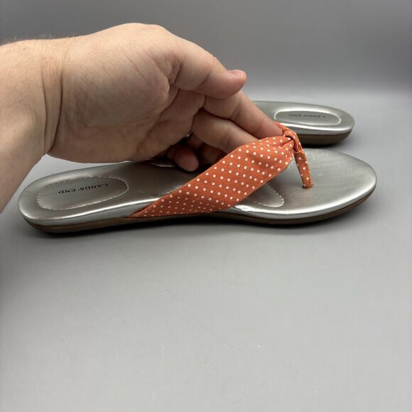 Lands' End Sandals Women’s Size 7B Silver/Orange Polka Dot Thong Flip Flop - Picture 6 of 10
